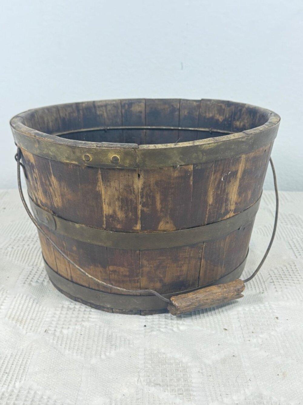 Antique 1800s Wooden Stave Bucket w Brass Bands Rustic Primitive Farmhouse Style